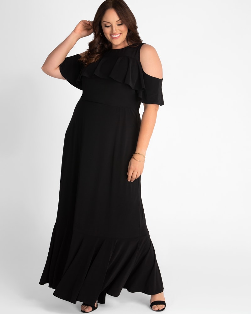 Front of a model wearing a size 0X Melanie Cold-Shoulder Maxi Dress in BLACK NOIR by Kiyonna. | dia_product_style_image_id:227519